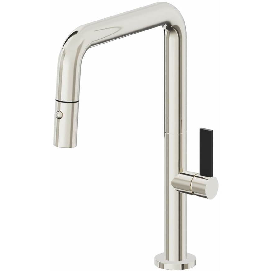 California Faucets Pull-Down Kitchen Faucet with Button Sprayer Quad Spout