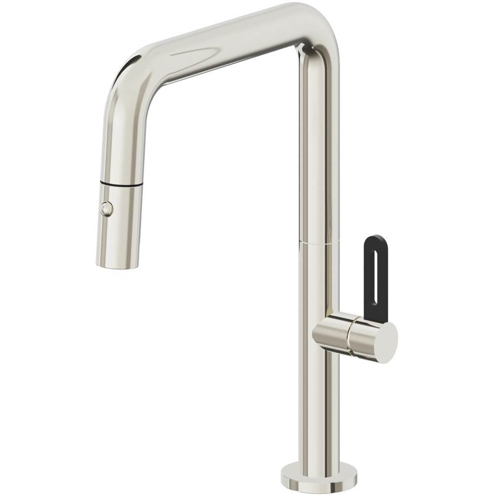 California Faucets Pull-Down Kitchen Faucet with Button Sprayer Quad Spout