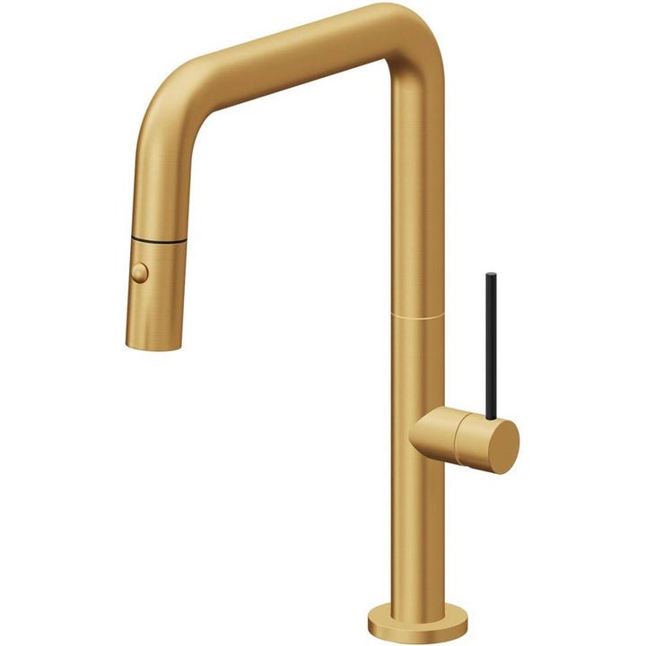 California Faucets Pull-Down Kitchen Faucet with Button Sprayer Quad Spout