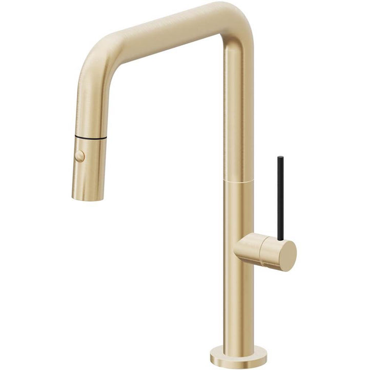 California Faucets Pull-Down Kitchen Faucet with Button Sprayer Quad Spout