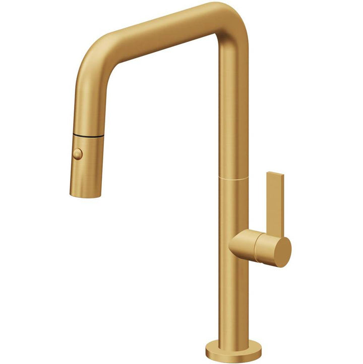 California Faucets Pull-Down Kitchen Faucet with Button Sprayer Quad Spout