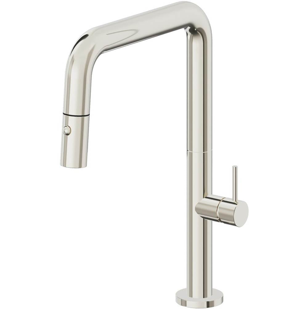 California Faucets Pull-Down Kitchen Faucet with Button Sprayer Quad Spout