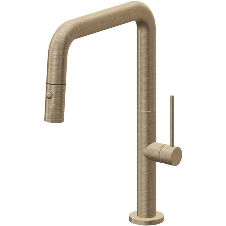 California Faucets Pull-Down Kitchen Faucet with Button Sprayer Quad Spout