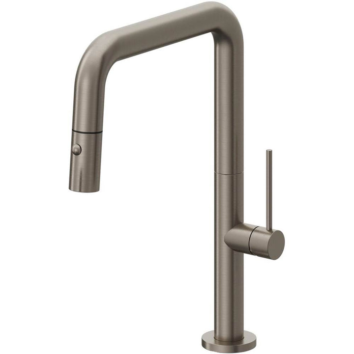 California Faucets Pull-Down Kitchen Faucet with Button Sprayer Quad Spout