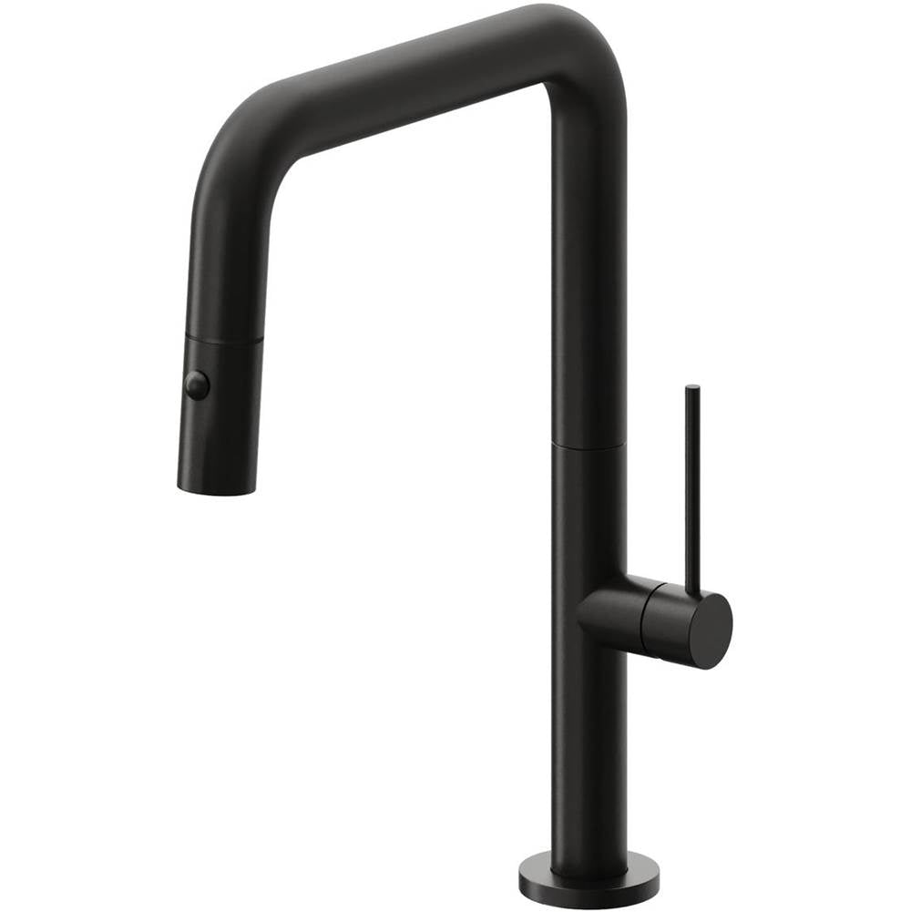 California Faucets Pull-Down Kitchen Faucet with Button Sprayer Quad Spout