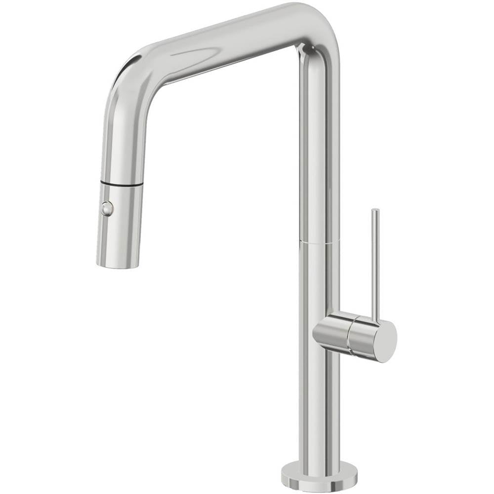 California Faucets Pull-Down Kitchen Faucet with Button Sprayer Quad Spout