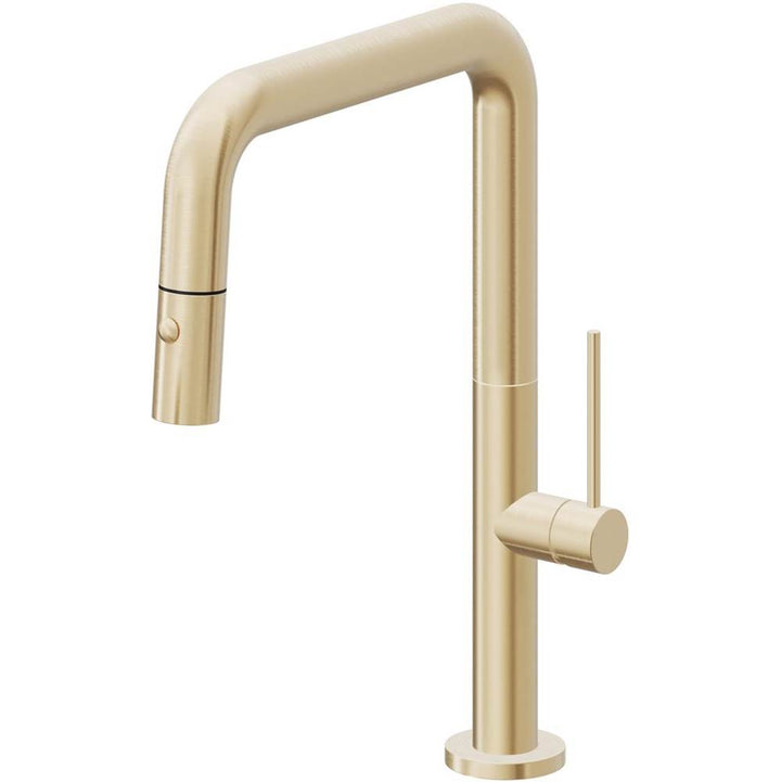 California Faucets Pull-Down Kitchen Faucet with Button Sprayer Quad Spout