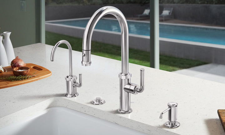 California Faucets Pull-Down Kitchen Faucet with Button Sprayer  - High Arc Spout