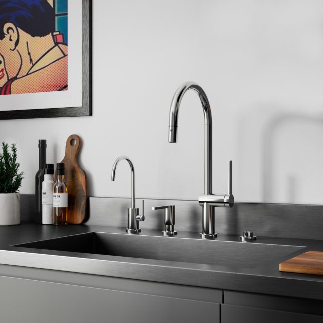 California Faucets Pull-Down Kitchen Faucet with Button Sprayer  - High Arc Spout