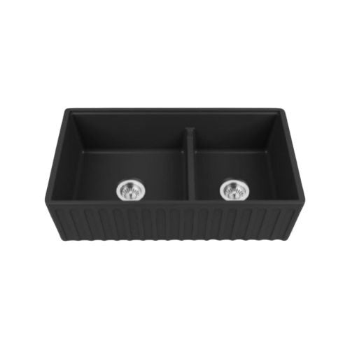 Chambord 33" Menton Apron Front Double-Bowl Fireclay Kitchen Sink With Center Drain