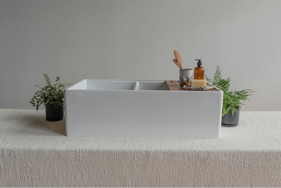 Chambord 33" Menton Apron Front Double-Bowl Fireclay Kitchen Sink With Center Drain