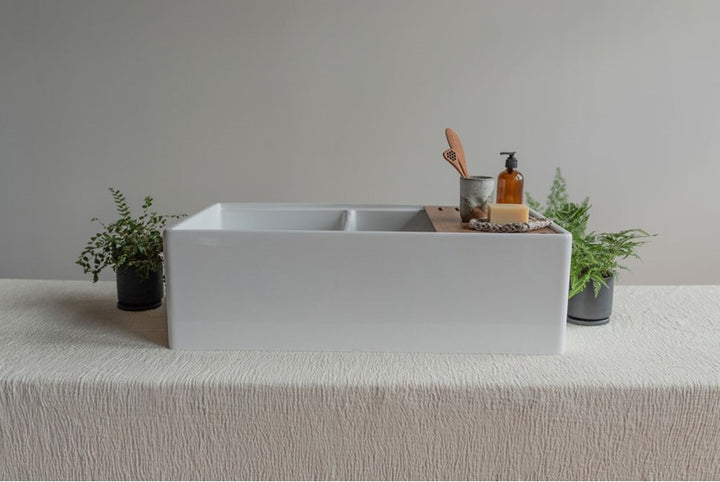 Chambord 33" Menton Apron Front Double-Bowl Fireclay Kitchen Sink With Center Drain