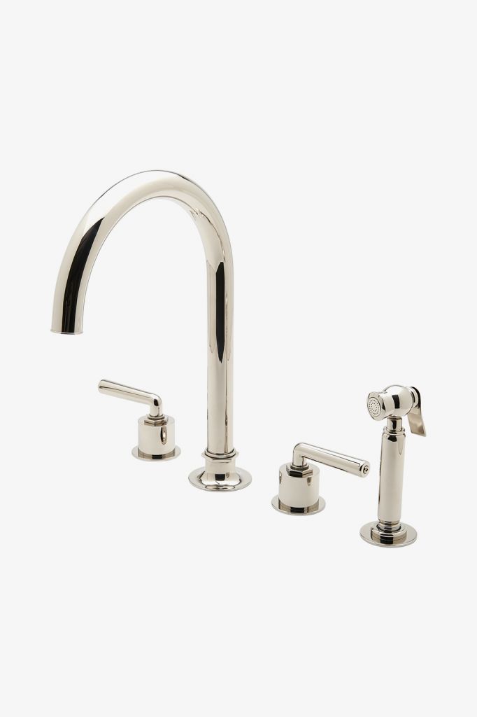 Waterworks HNKM30 Henry Three Hole Gooseneck Kitchen Faucet, Metal Lever Handles and Spray